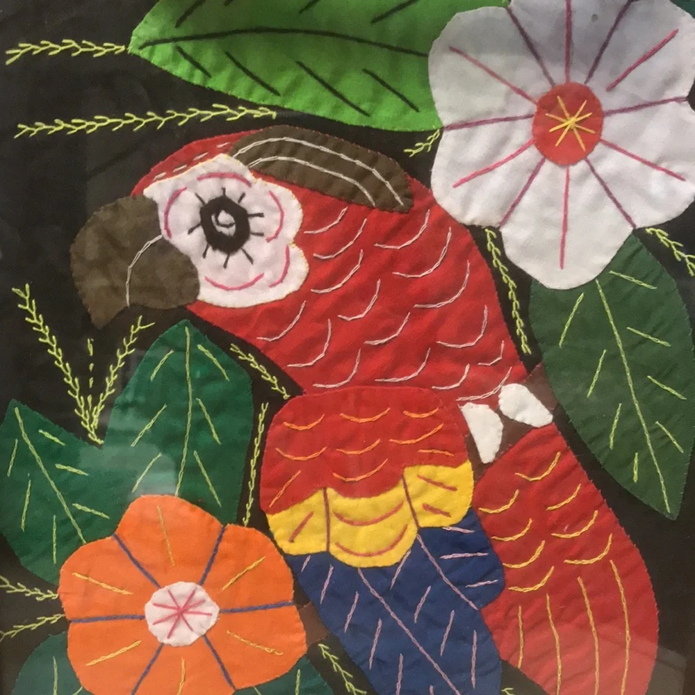 Vintage Wooden Tray w/ Mola Folk Art Parrot & Flowers Fabric Under Glass Surface